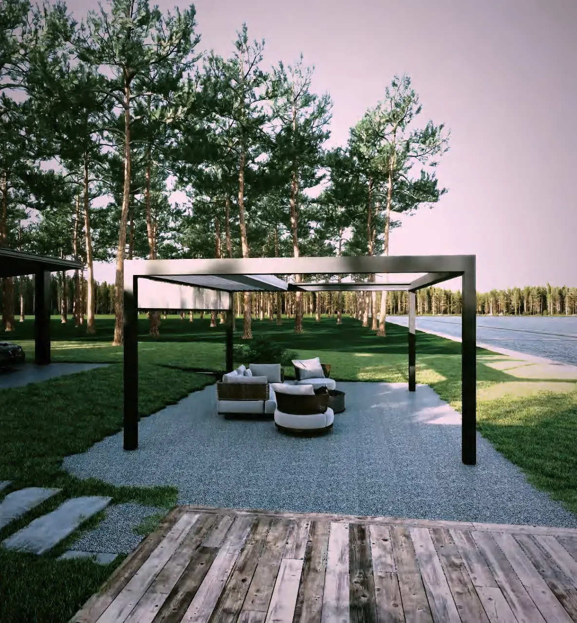 Bioklimatska pergola Lumina Retract na vrtu v večernem mraku